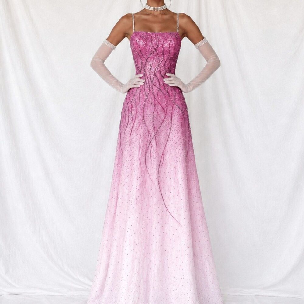 Vintage Y2K Pink Silk Ombre Beaded A-Line Tulle Maxi Formal Prom Dress Size S